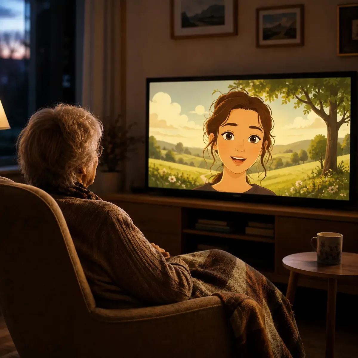 Personne âgée installée dans un fauteuil échangeant avec un personnage animé bienveillant affiché sur son téléviseur