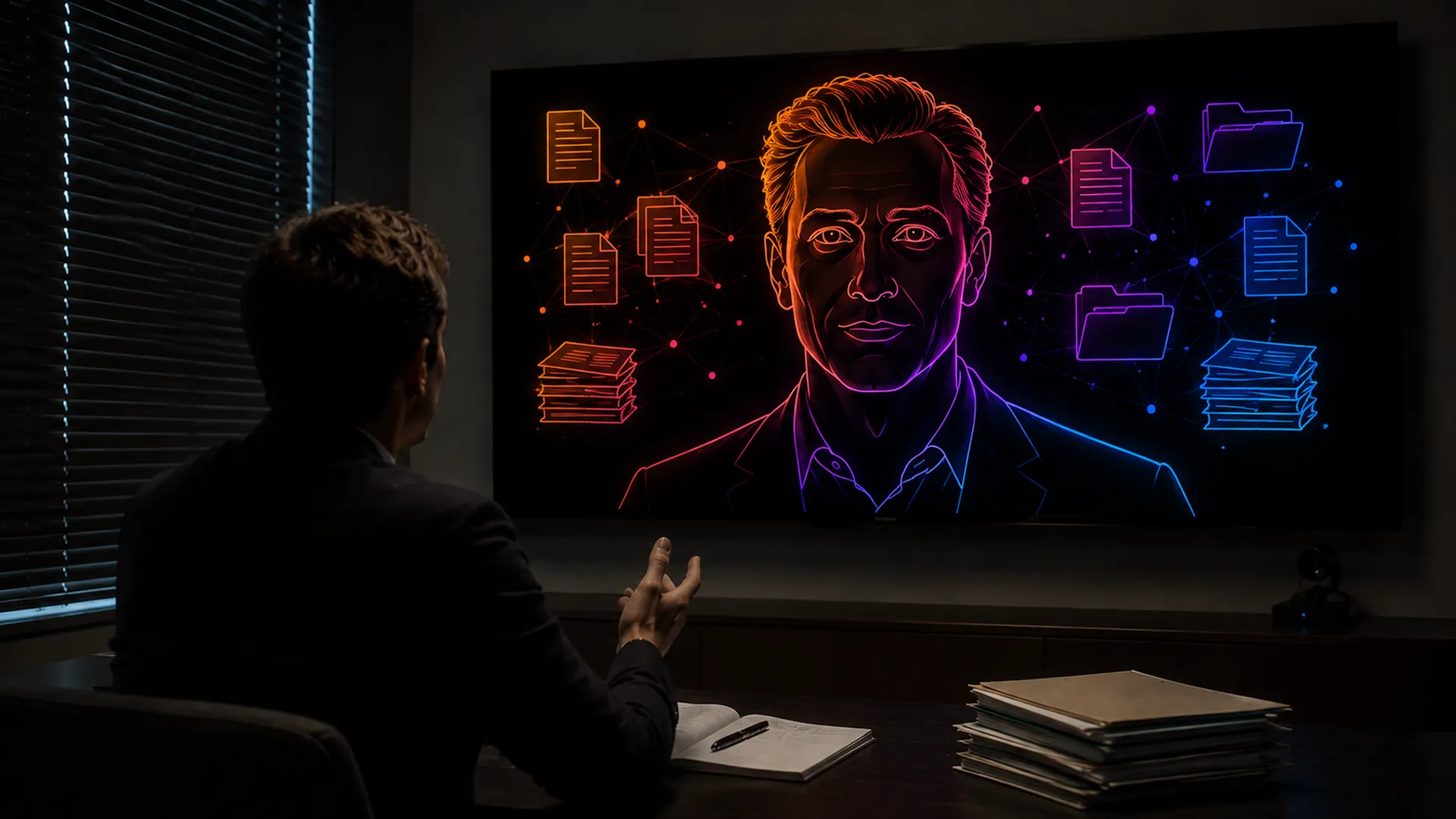 Ingénieur en réunion face à un écran où un personnage virtuel dessiné au trait lumineux est entouré de documents et de dossiers techniques
