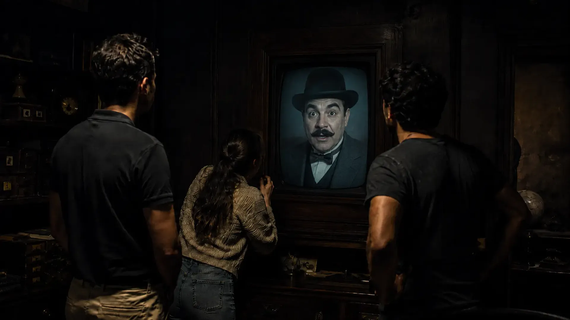 Trois joueurs face à un écran ancien où un détective virtuel leur parle, dans le décor sombre d'un escape game