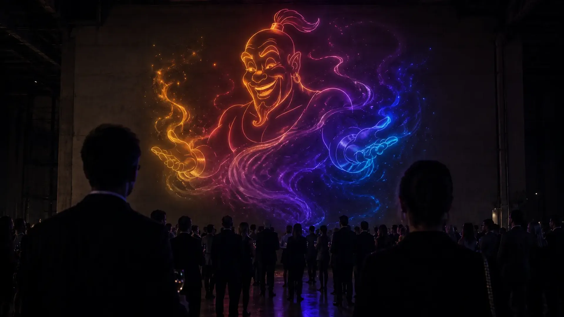 Personnage virtuel dessiné au trait lumineux projeté sur un grand mur, devant un public en soirée d'entreprise