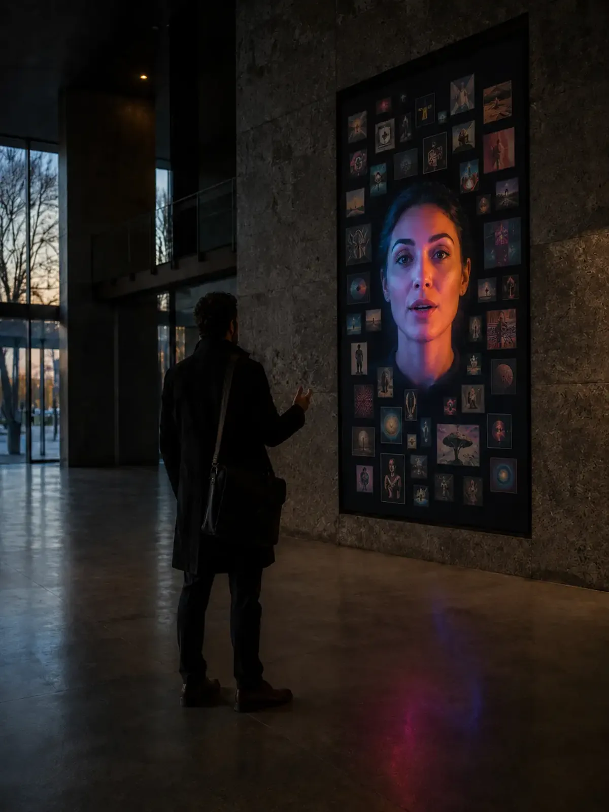 Visiteur accueilli dans le hall d'un bâtiment par une hôtesse virtuelle affichée sur un écran mural