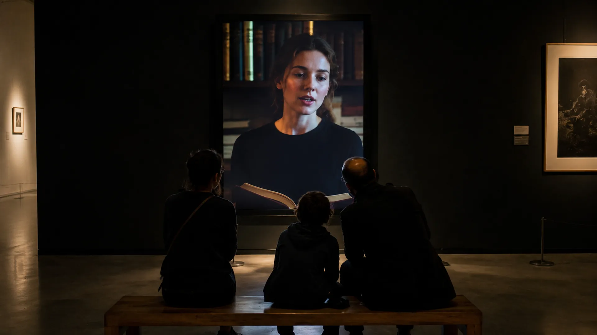 Famille assise sur un banc de musée écoutant une médiatrice virtuelle lire un ouvrage sur un grand écran