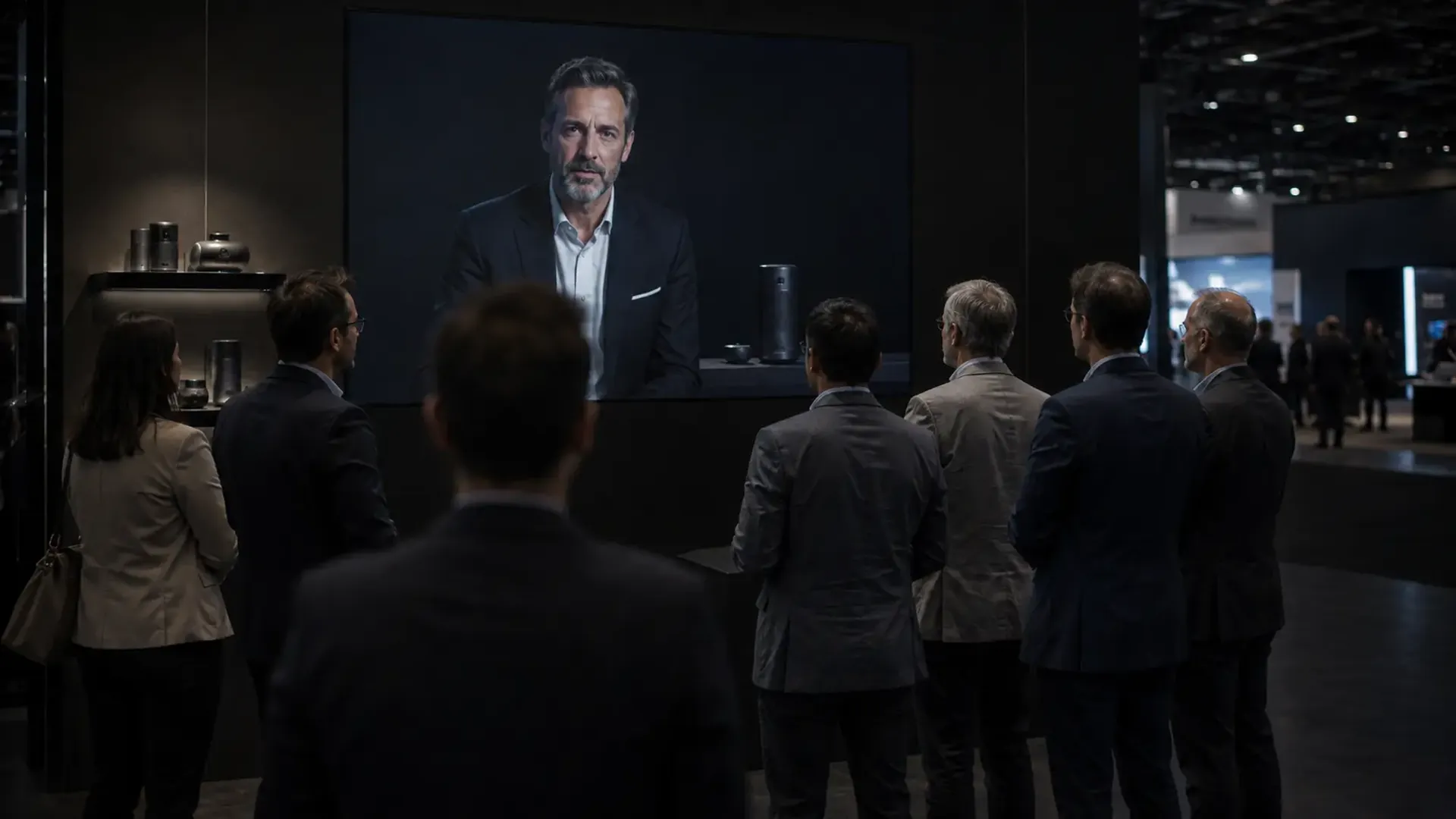 Collaborateurs réunis devant un grand écran où un porte-parole virtuel présente une gamme de produits