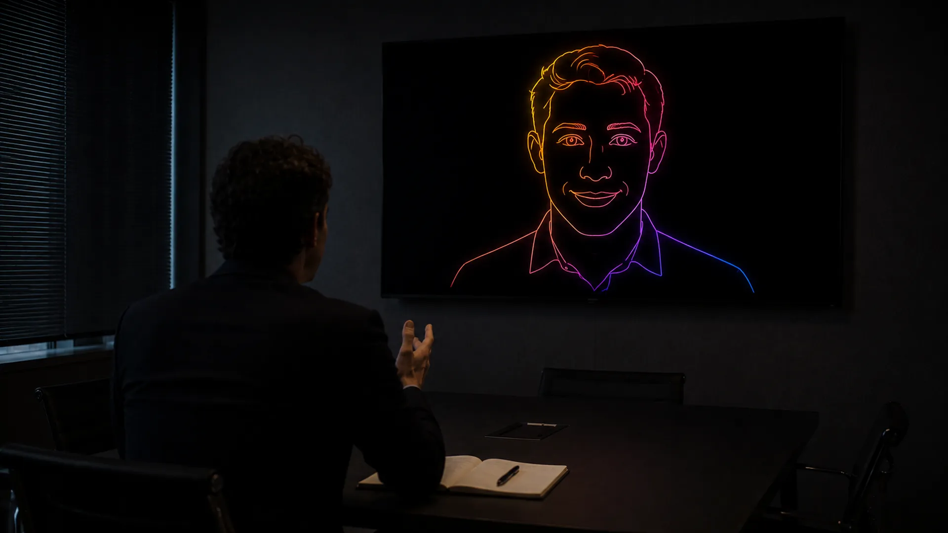 Candidat en entretien de simulation face à un visage dessiné au trait lumineux affiché sur l'écran d'une salle de réunion