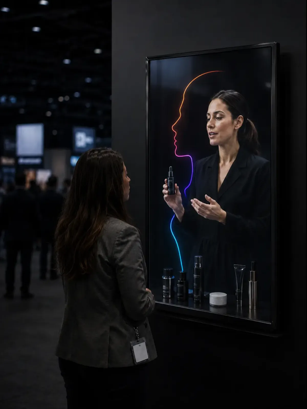 Visiteuse d'un salon professionnel en conversation avec une conseillère virtuelle affichée sur une borne verticale